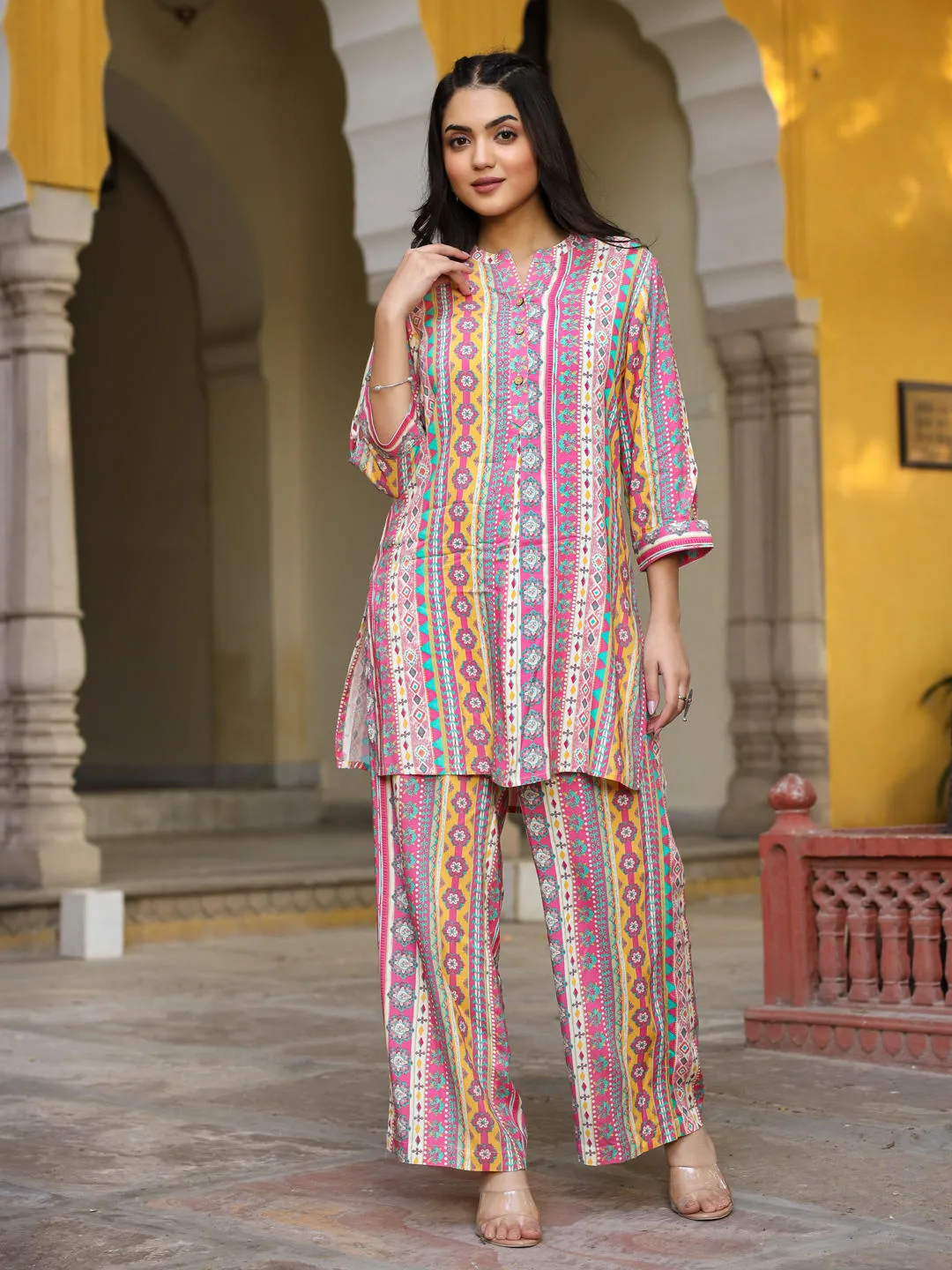 Jashvi Multi-Color Ethnic Motif Printed Rayon Kurta With Palazzos Set