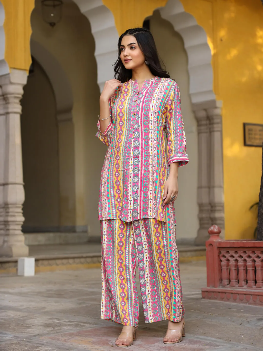 Jashvi Multi-Color Ethnic Motif Printed Rayon Kurta With Palazzos Set