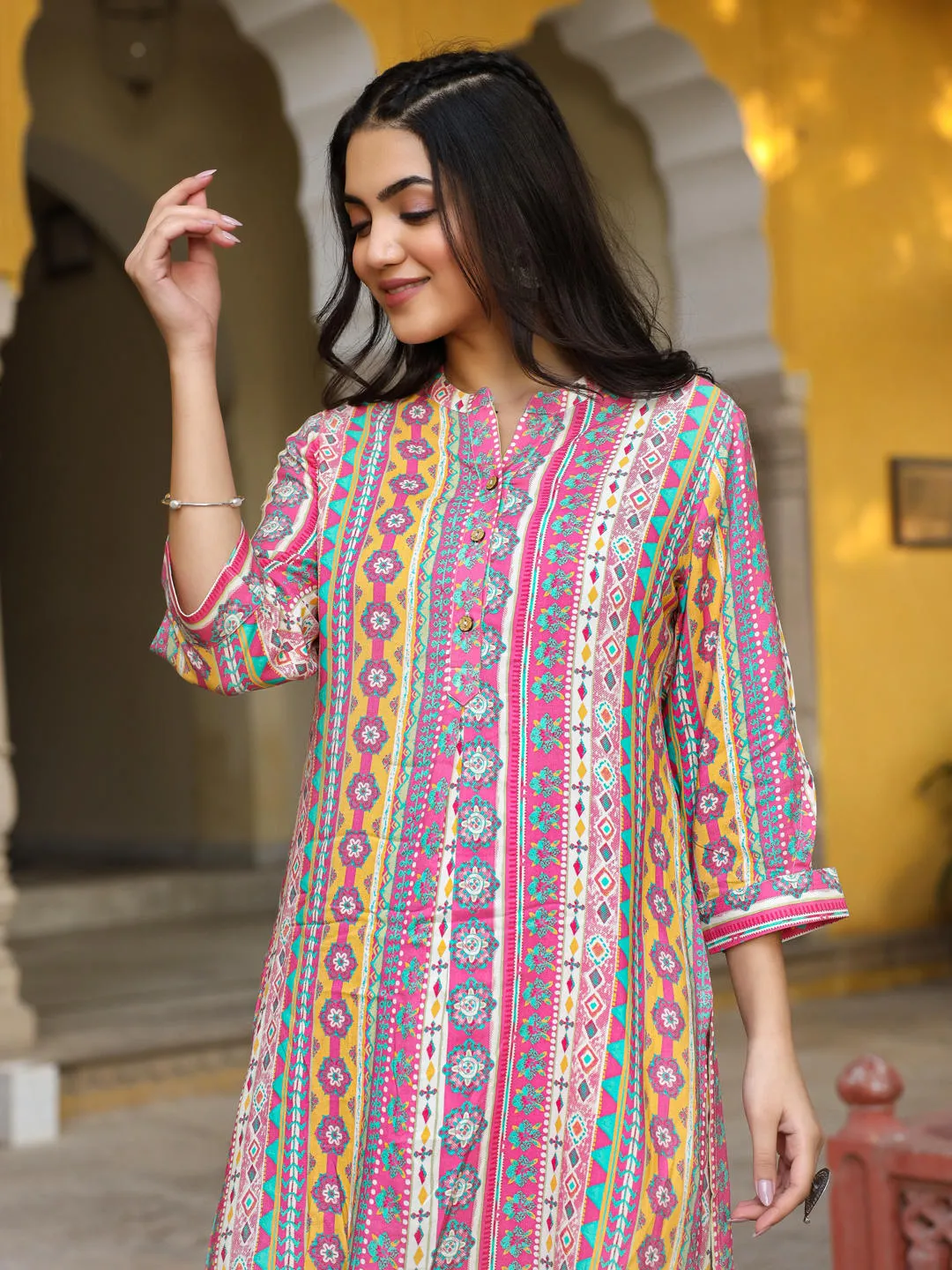 Jashvi Multi-Color Ethnic Motif Printed Rayon Kurta With Palazzos Set