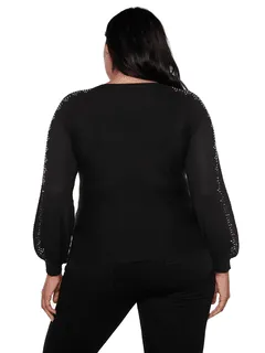 Judith Embellished Blouson-Sleeve Sweater | Black