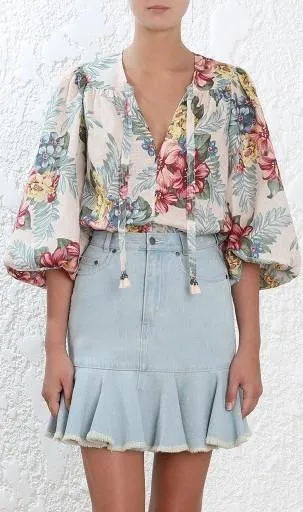 'Kali' Hibiscus Tie Blouse