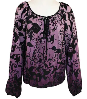 Karen Kane - Plush Purples, Swirl Print Blouson Sleeve Scoop Neck Tie Top