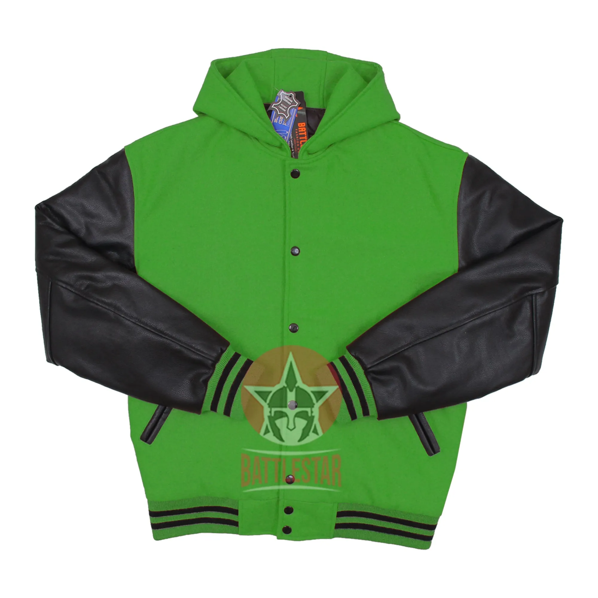 Kelly Green Wool Black Leather Hooded Baseball Letterman Varsity Jacket