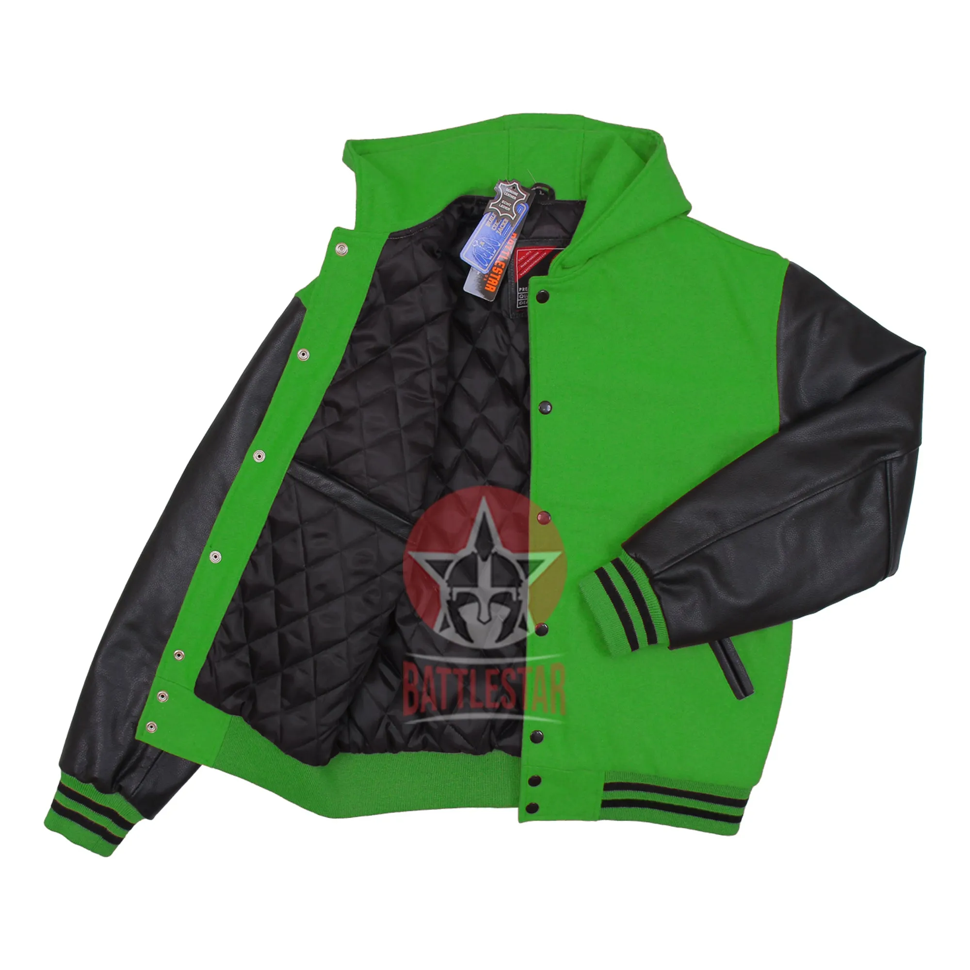 Kelly Green Wool Black Leather Hooded Baseball Letterman Varsity Jacket