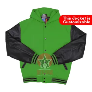 Kelly Green Wool Black Leather Hooded Baseball Letterman Varsity Jacket