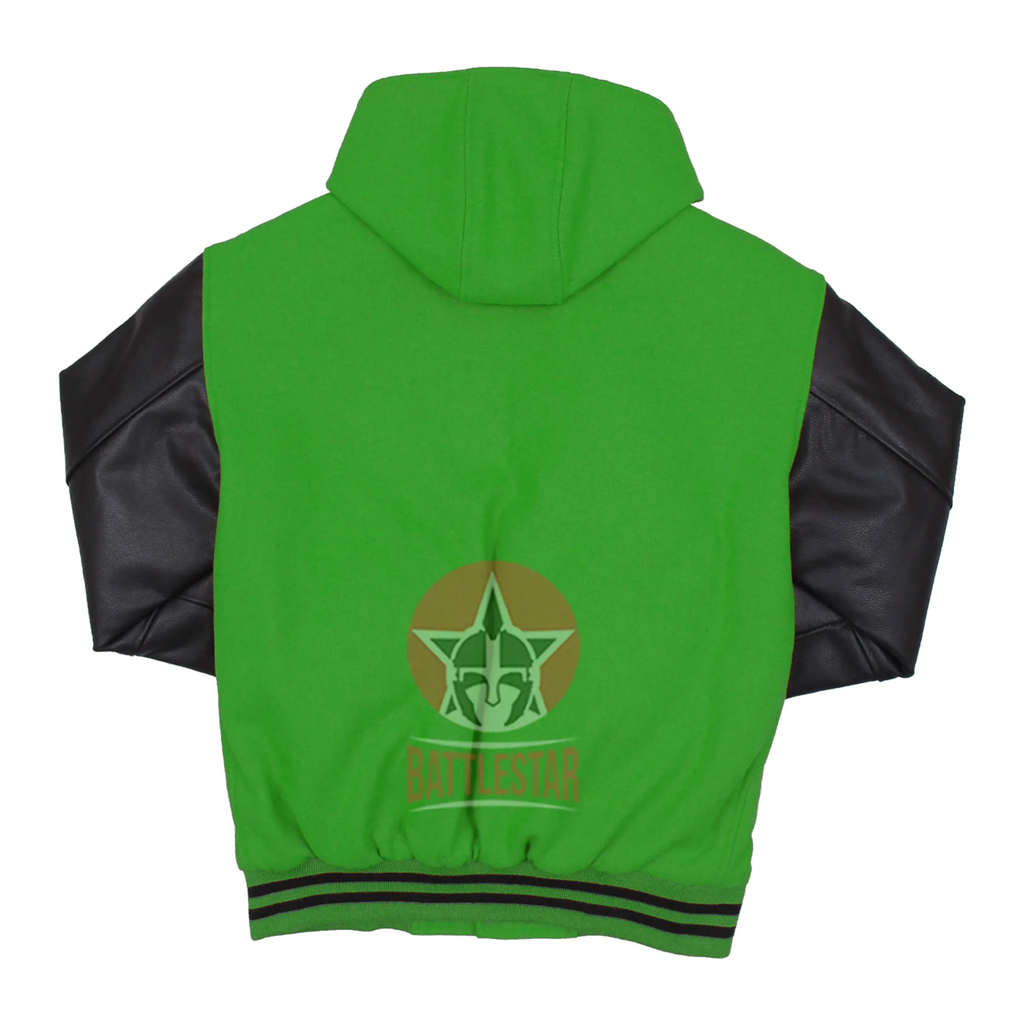 Kelly Green Wool Black Leather Hooded Baseball Letterman Varsity Jacket