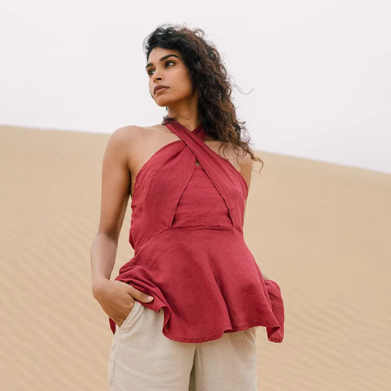 Linen Halter Neck Top | Berry Red