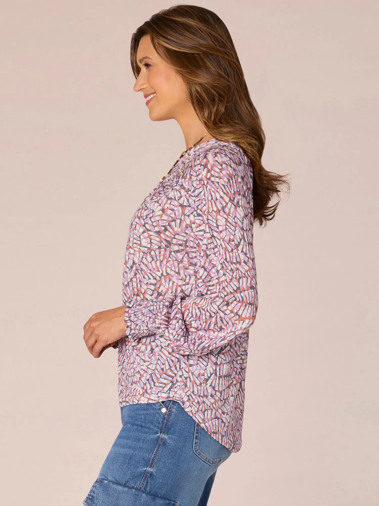 Long Blouson Sleeve Crew Neck Abstract Print Petite Knit Top