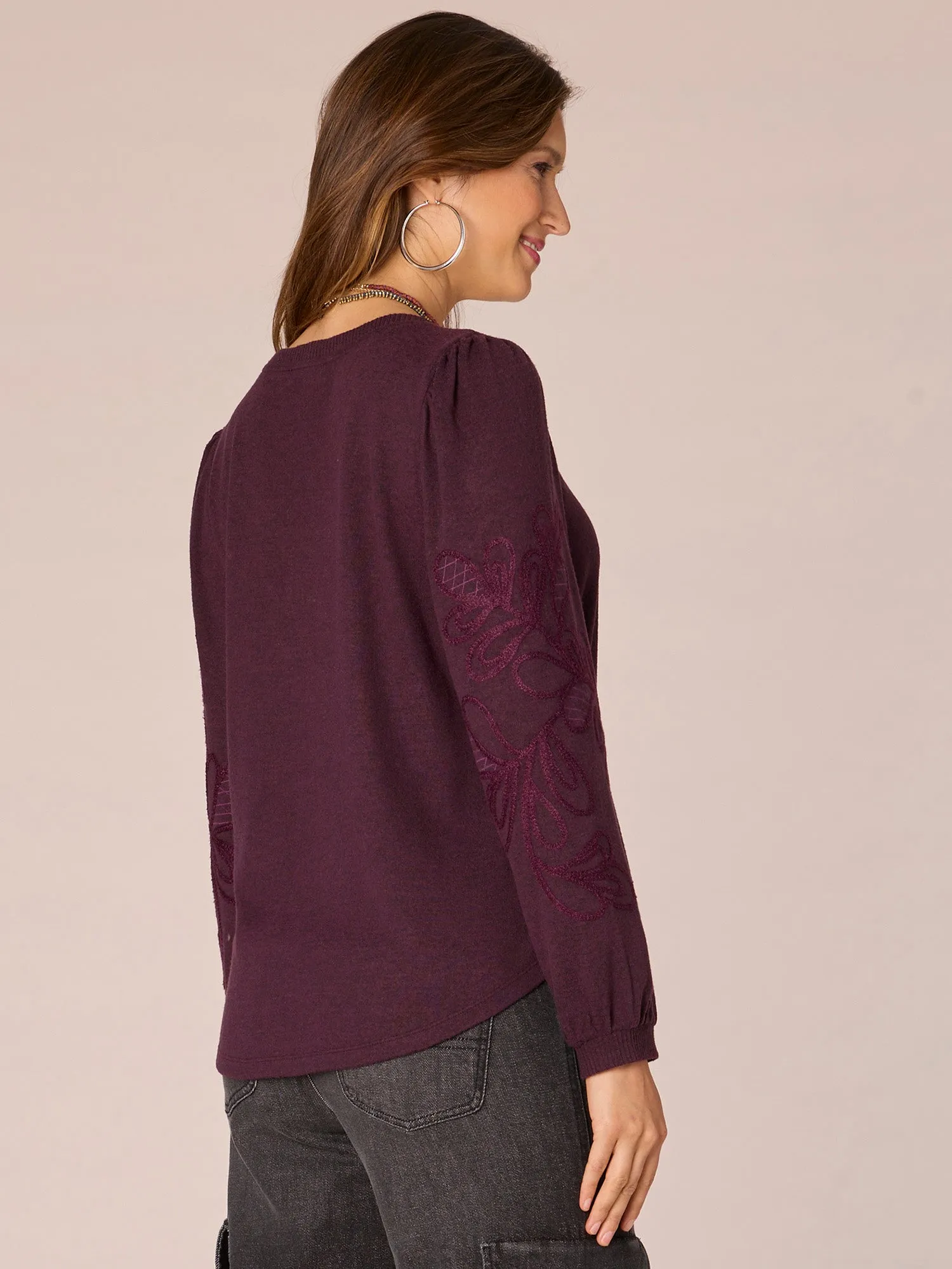 Long Blouson Sleeve Sweetheart Neck Embroidered Petite Knit Top