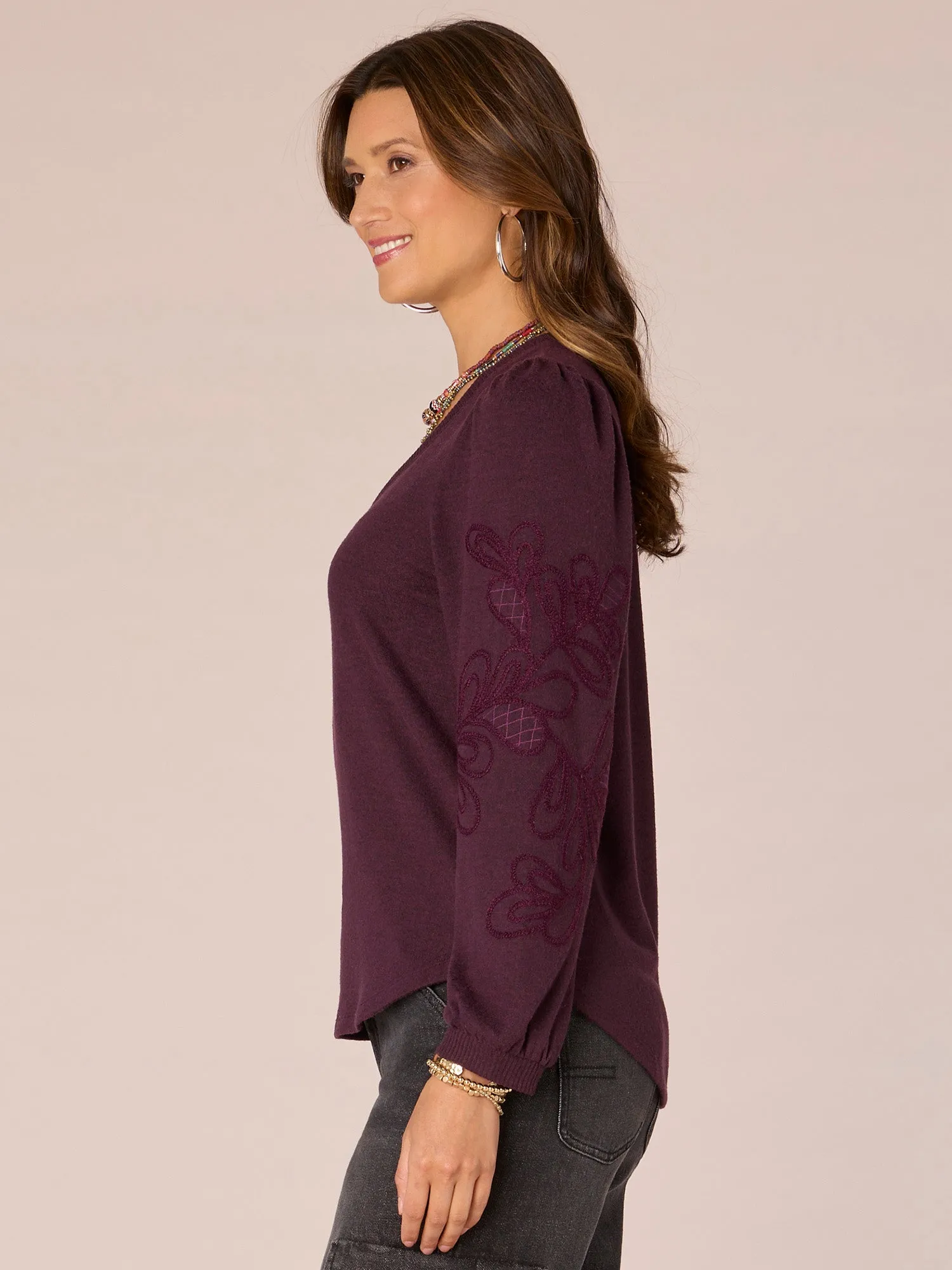 Long Blouson Sleeve Sweetheart Neck Embroidered Petite Knit Top