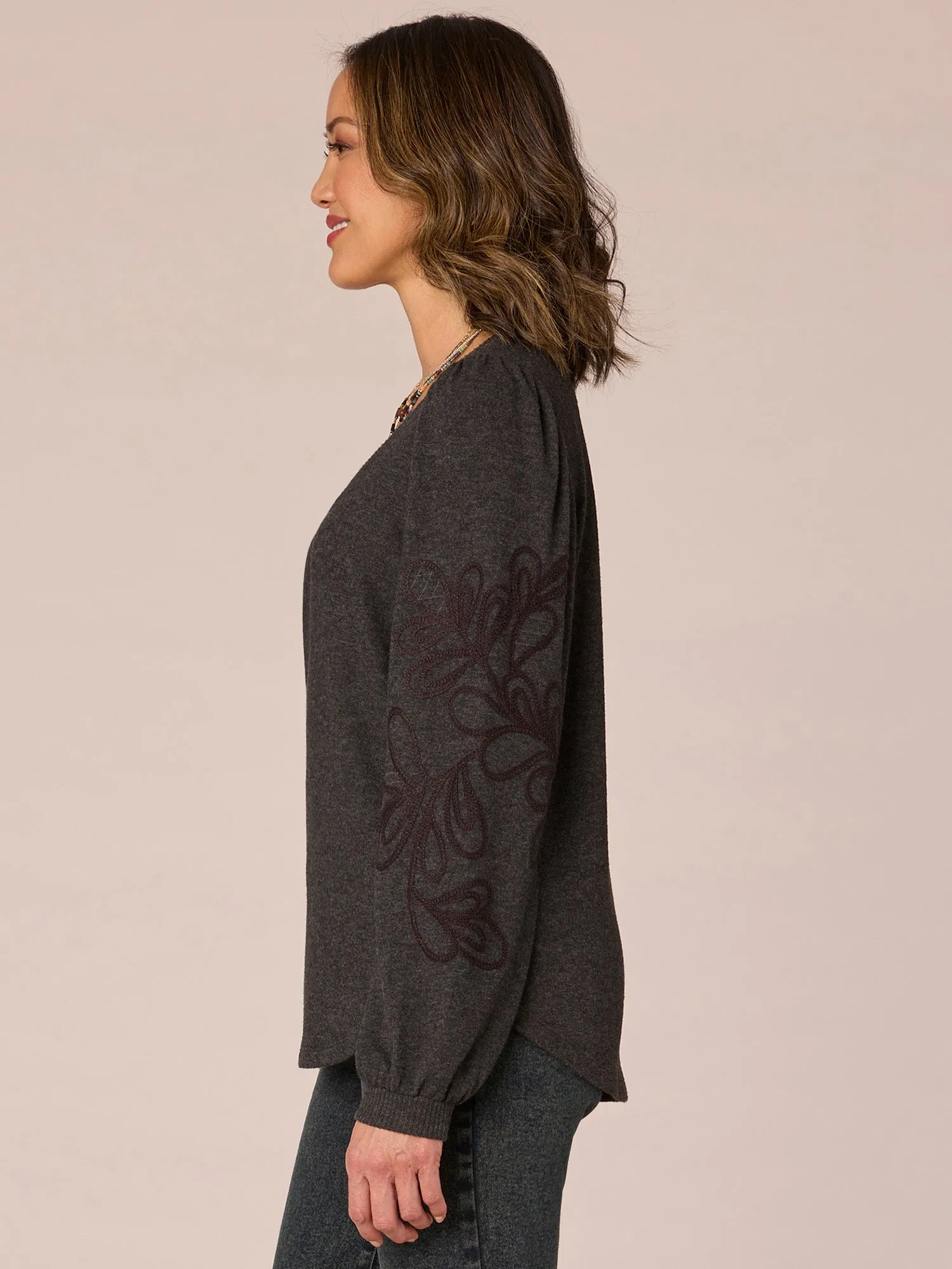 Long Blouson Sleeve Sweetheart Neck Embroidered Petite Knit Top