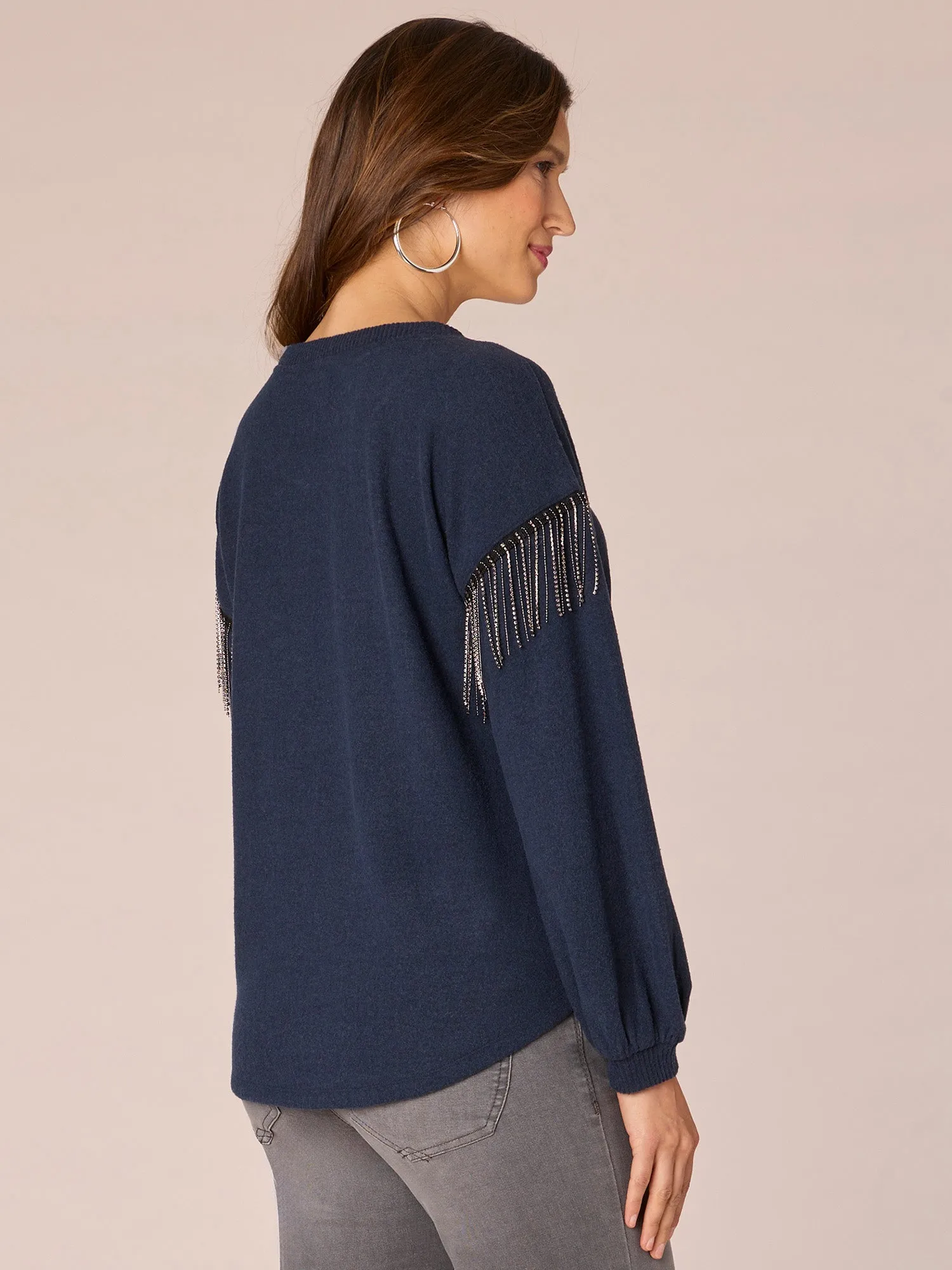 Long Drop Shoulder Sleeve Scoop Neck Rhinestone Fringe Knit Top