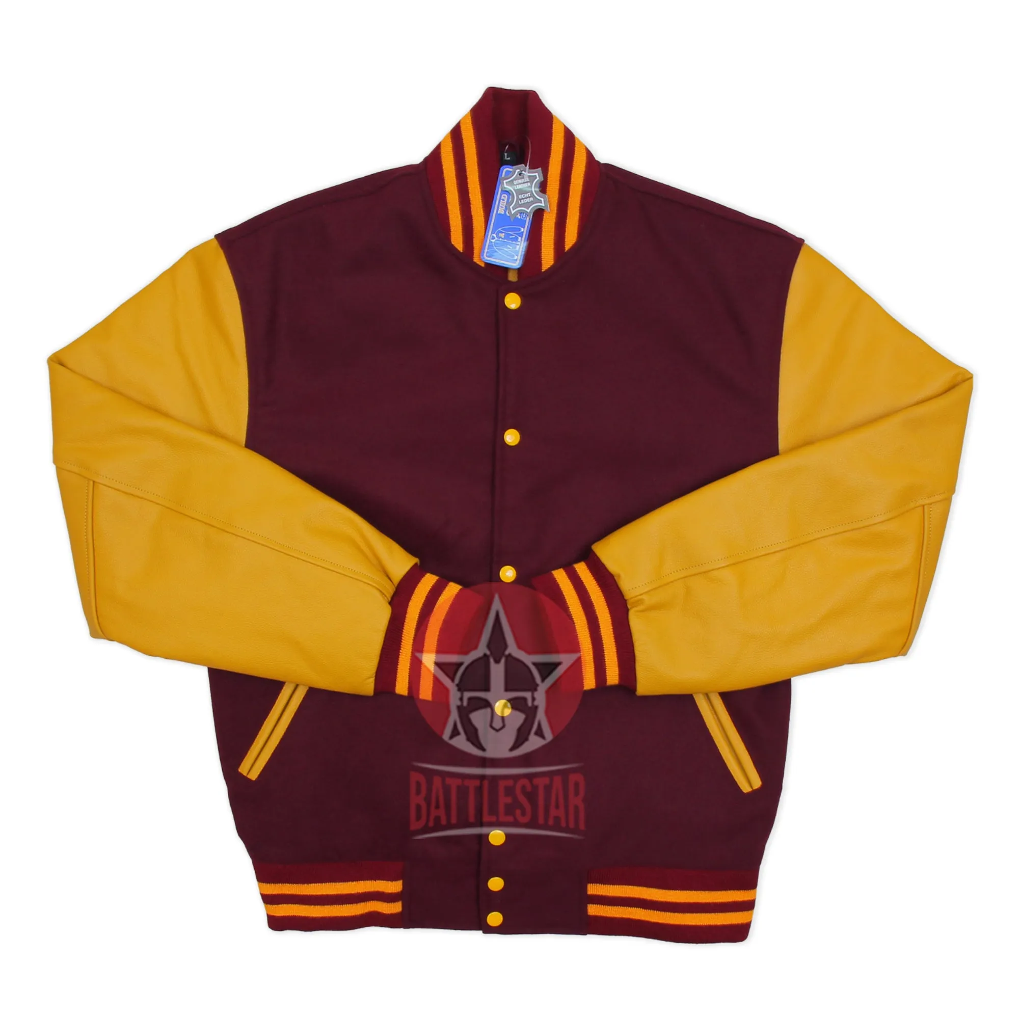 Maroon Wool Varsity Jacket Gold Yellow Leather Sleeves