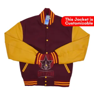 Maroon Wool Varsity Jacket Gold Yellow Leather Sleeves