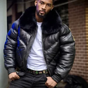 Men V-Bomber Black Leather Jacket Black Fur For Sale