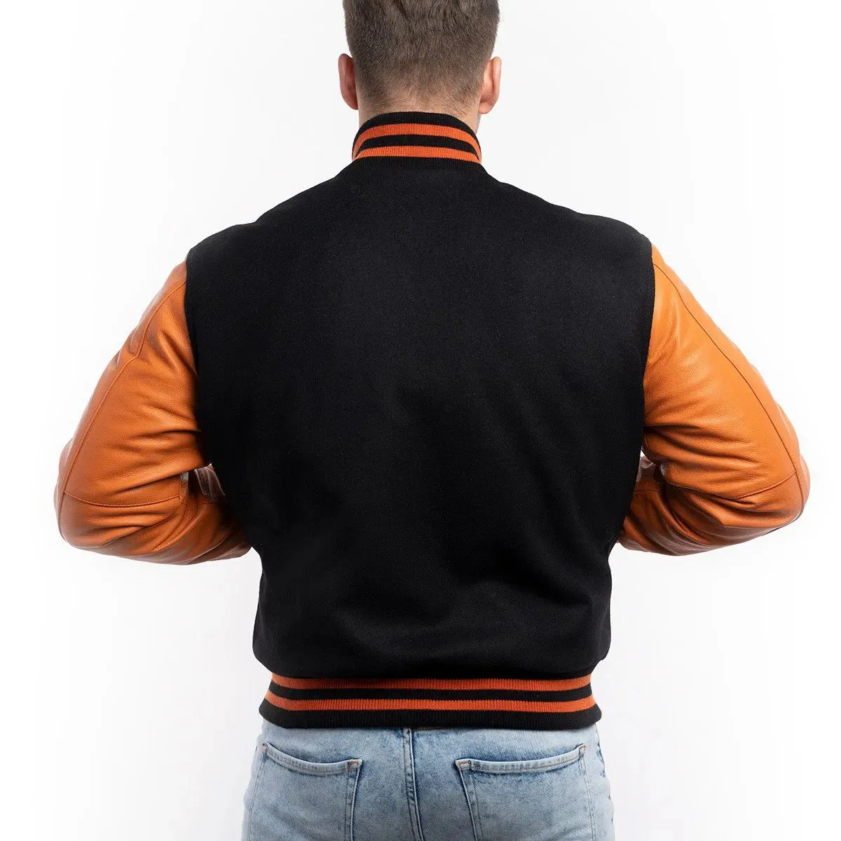 Mens Black And Orange Leather Varsity Jacket