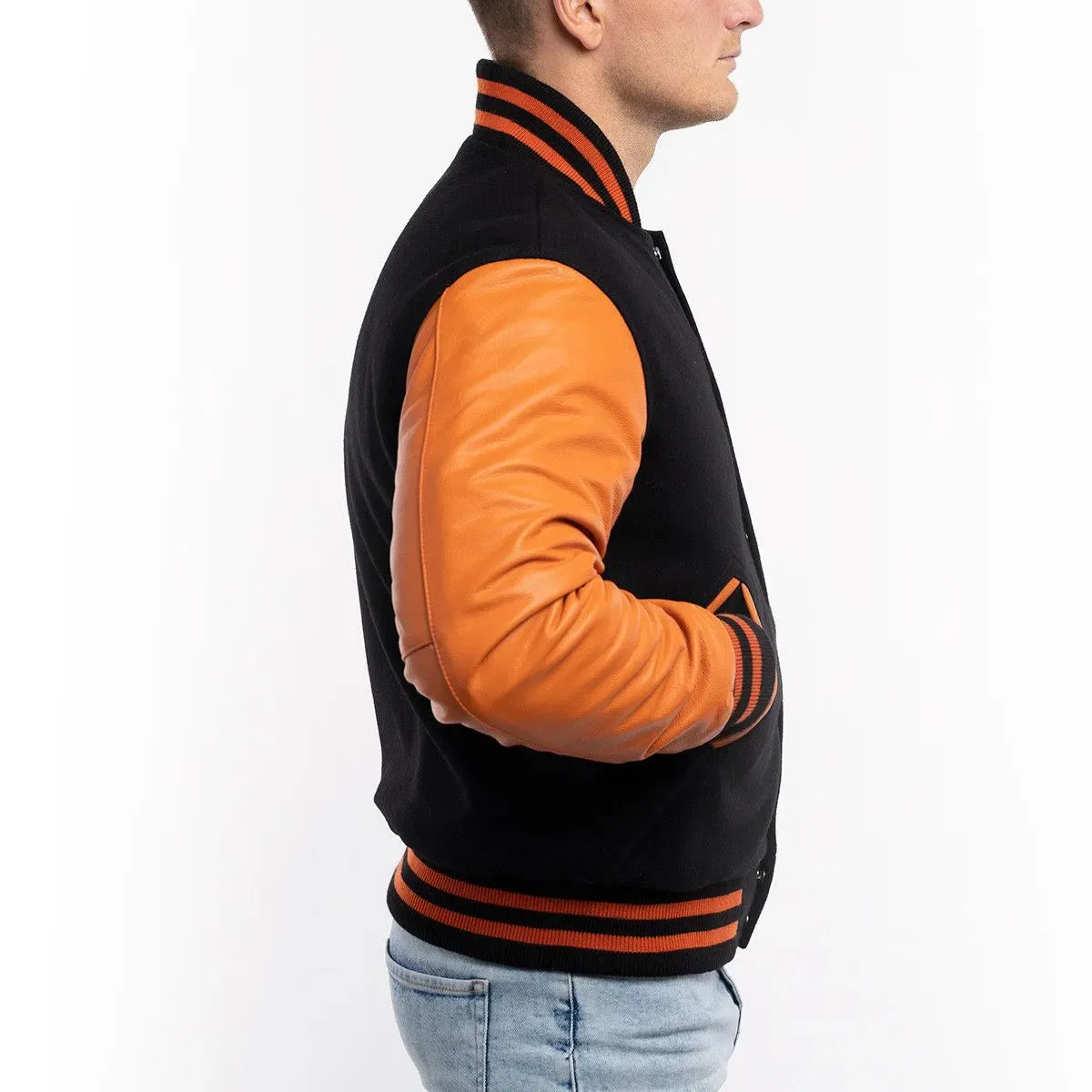 Mens Black And Orange Leather Varsity Jacket