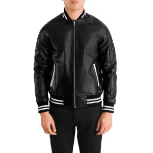 Mens Black Leather Zip Up Varsity Jacket