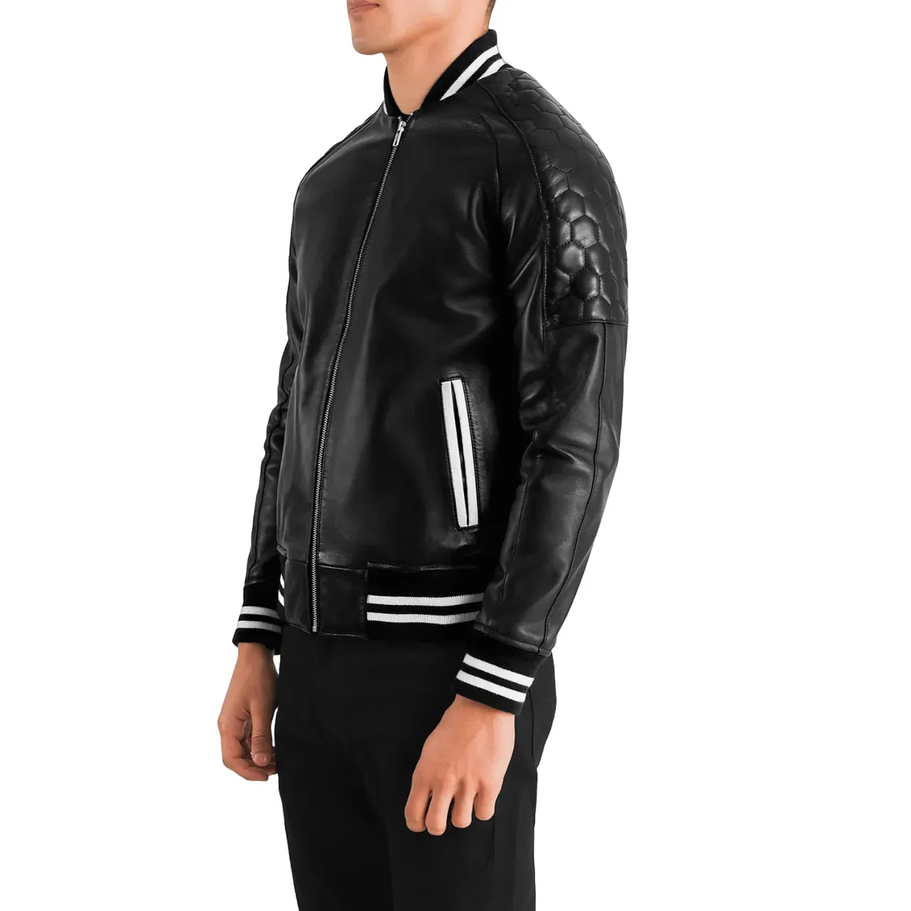 Mens Black Leather Zip Up Varsity Jacket