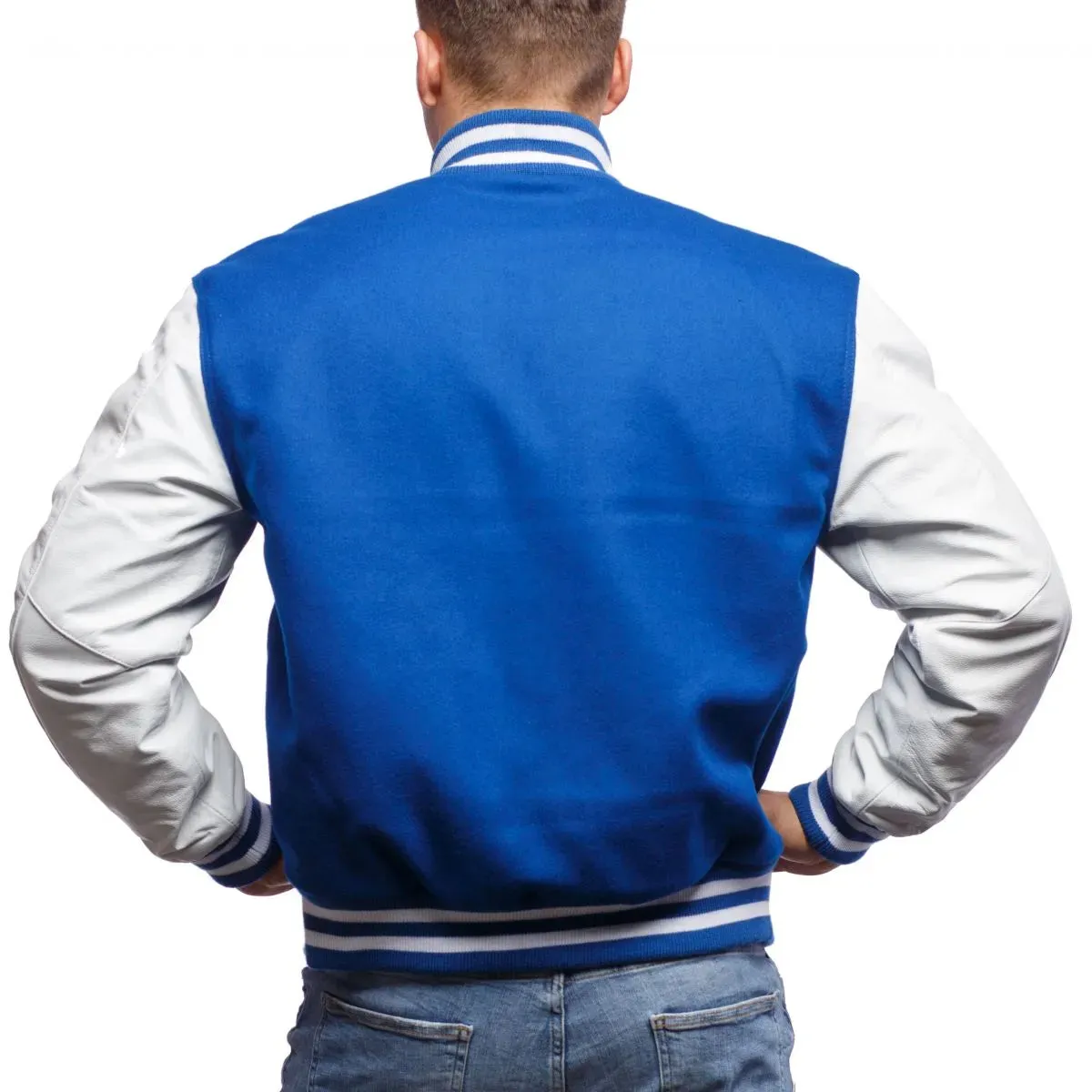 Mens Blue And White Leather Varsity Jacket