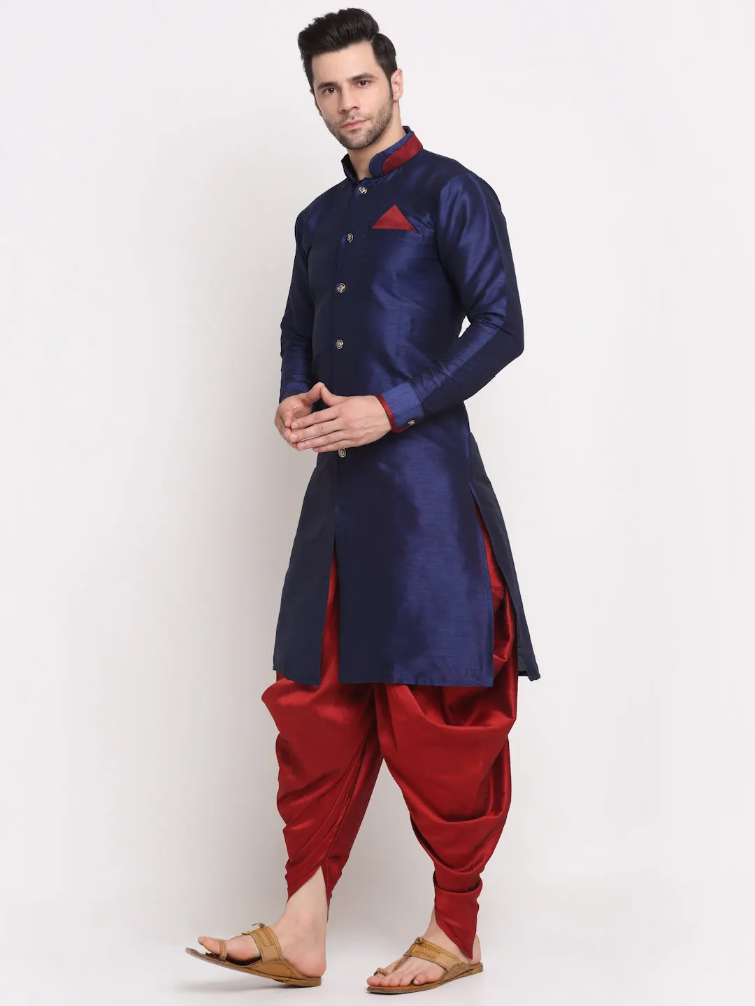 Men's Navy Blue Solid Kurta With Maroon Dhoti Pant - Benstoke