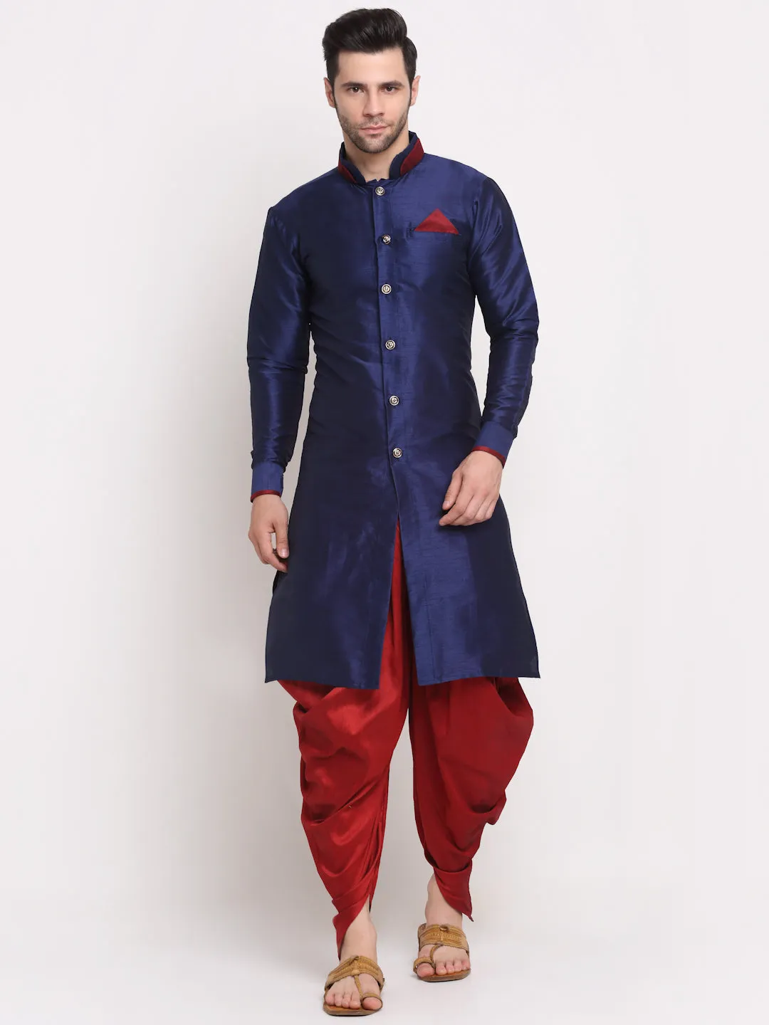 Men's Navy Blue Solid Kurta With Maroon Dhoti Pant - Benstoke