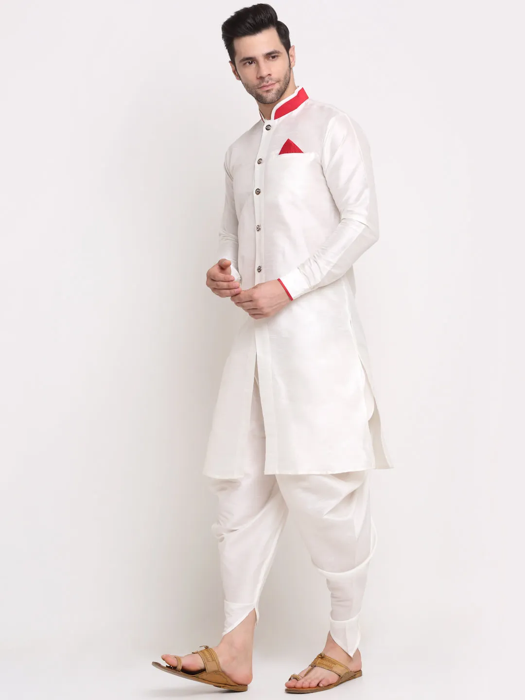 Men's White Solid Kurta With White Dhoti Pant - Benstoke