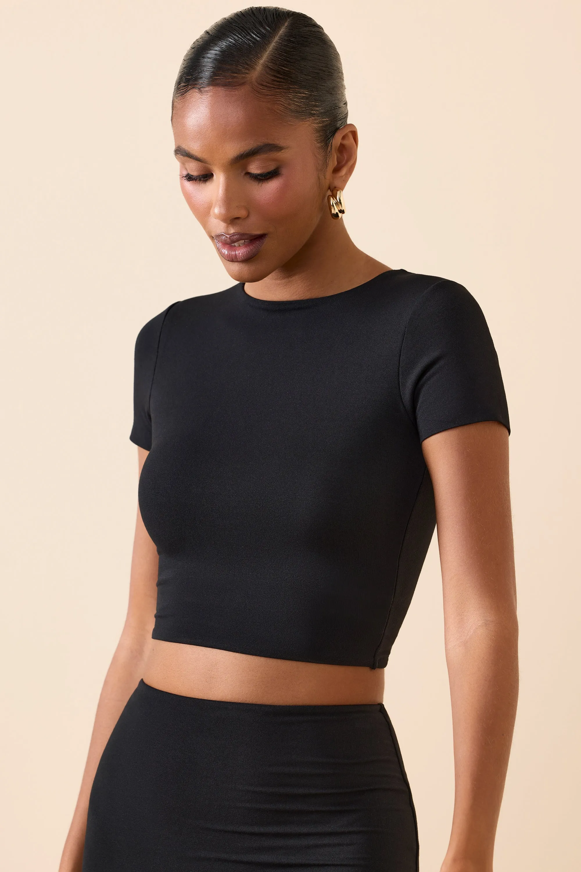 Modal Cap-Sleeve Crop Top in Black