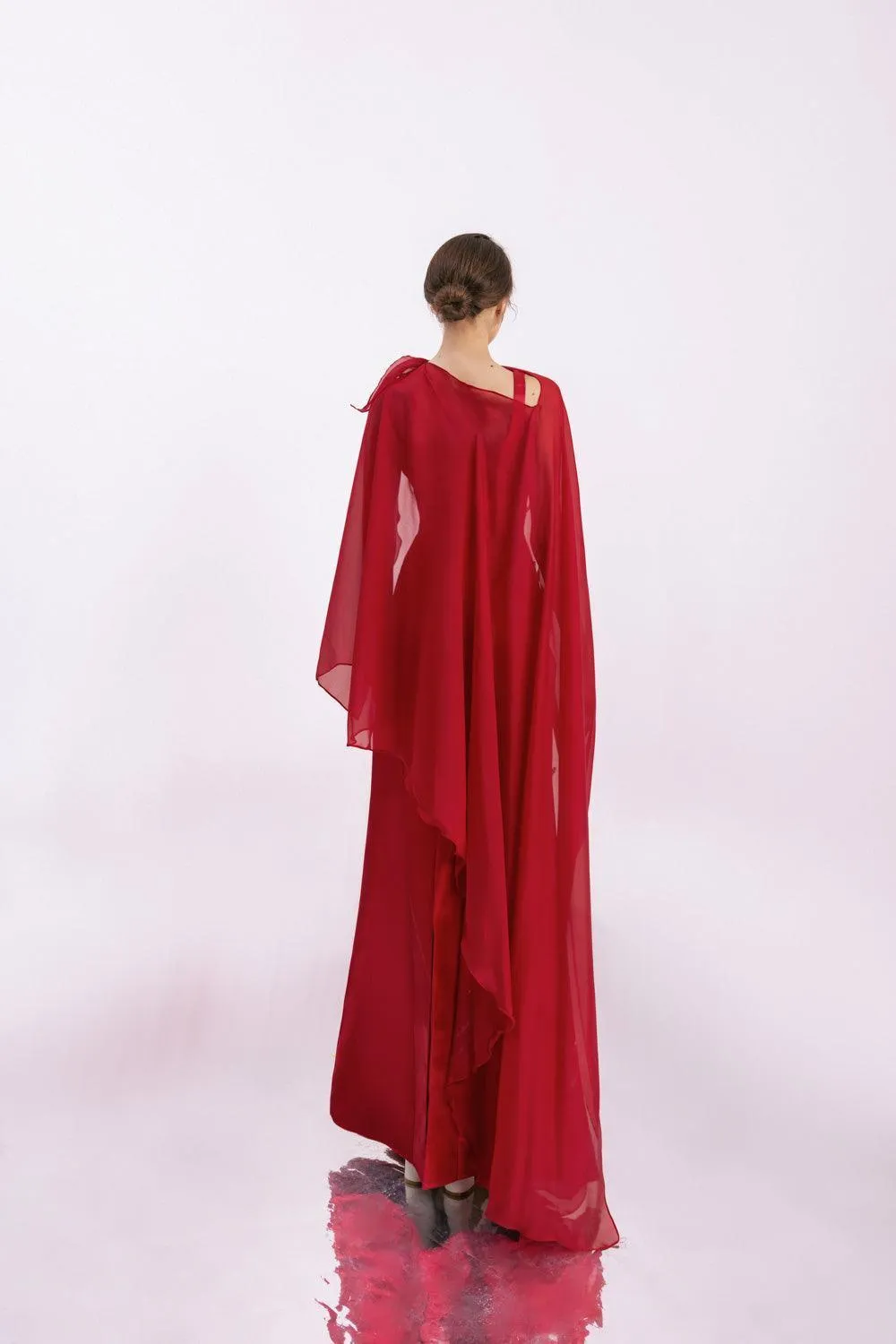 Morales A-line Cape Shoulder Taffeta Silk Floor Length Set