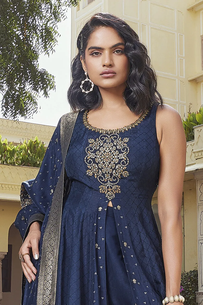 Navy-blue Designer Palazzo Outfit With Silk Dupatta