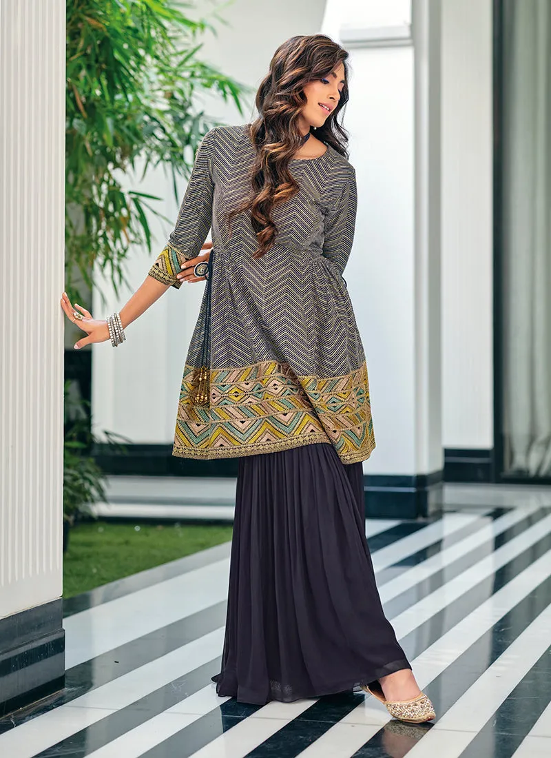 Navy Blue Multi Embroidered Gharara Style Suit