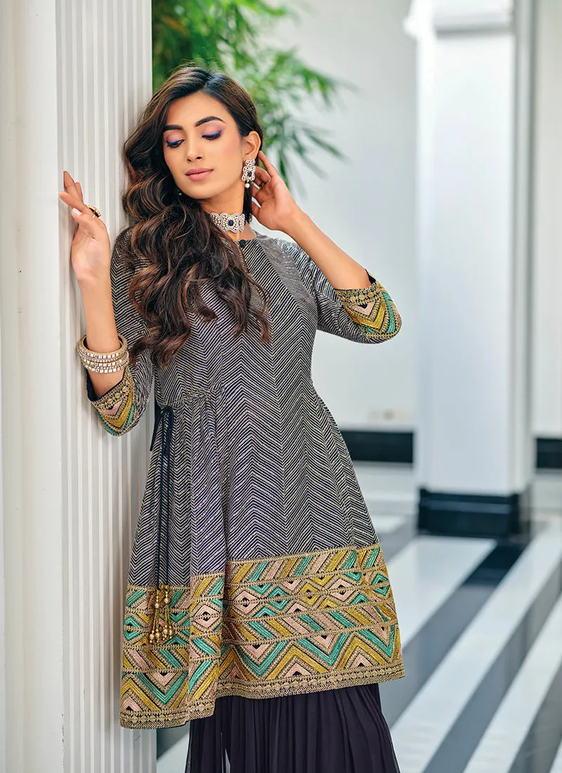 Navy Blue Multi Embroidered Gharara Style Suit