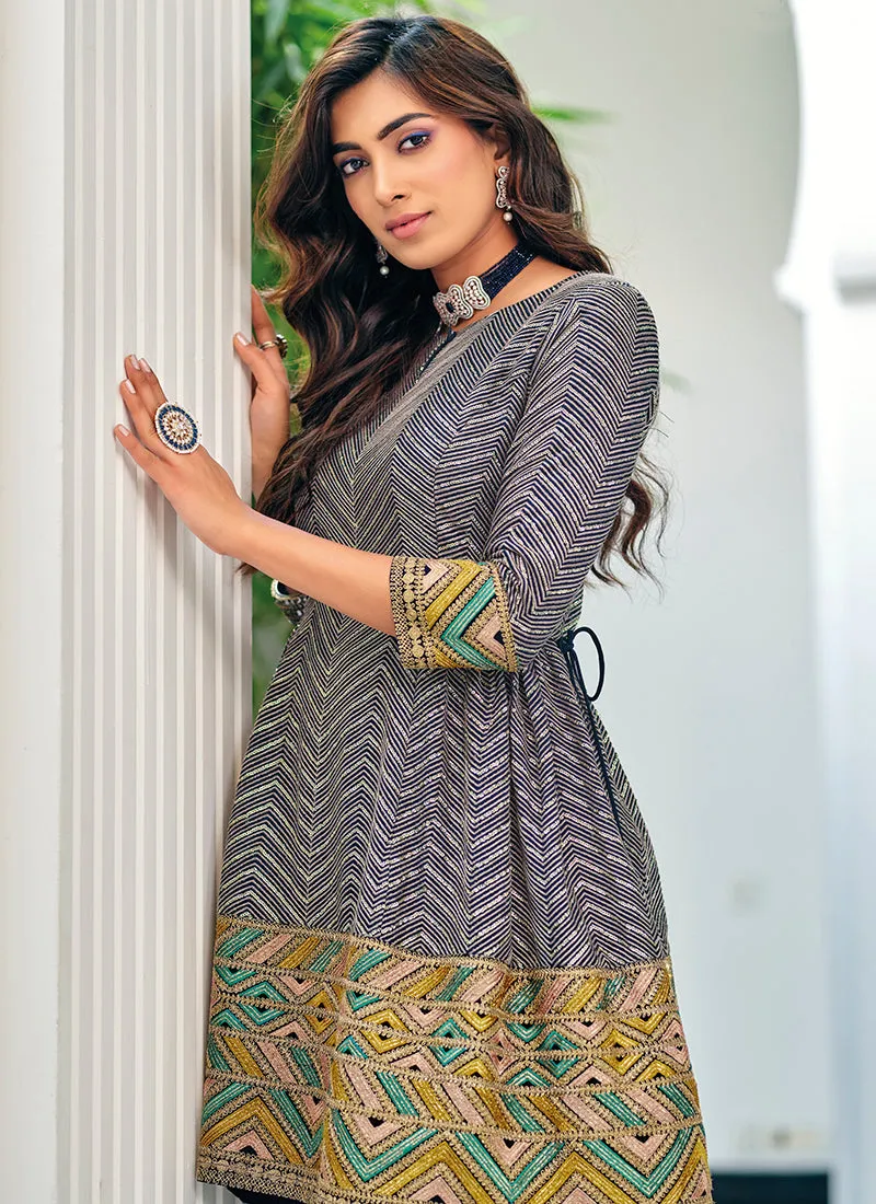 Navy Blue Multi Embroidered Gharara Style Suit