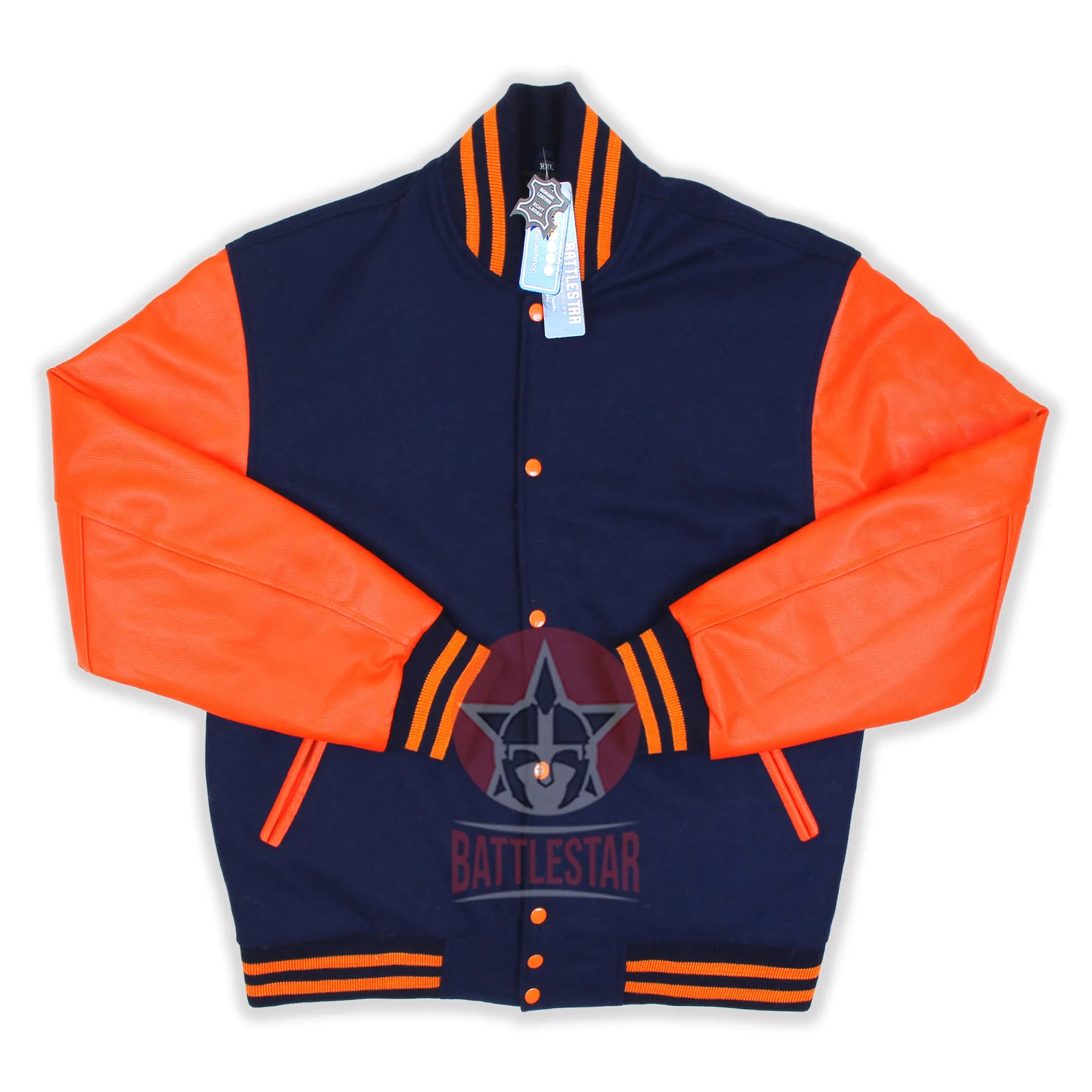 Navy Blue Wool Varsity Jacket Orange Leather Sleeves