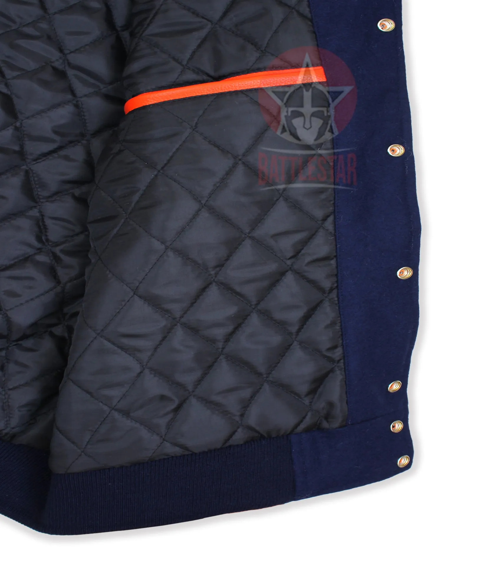 Navy Blue Wool Varsity Jacket Orange Leather Sleeves