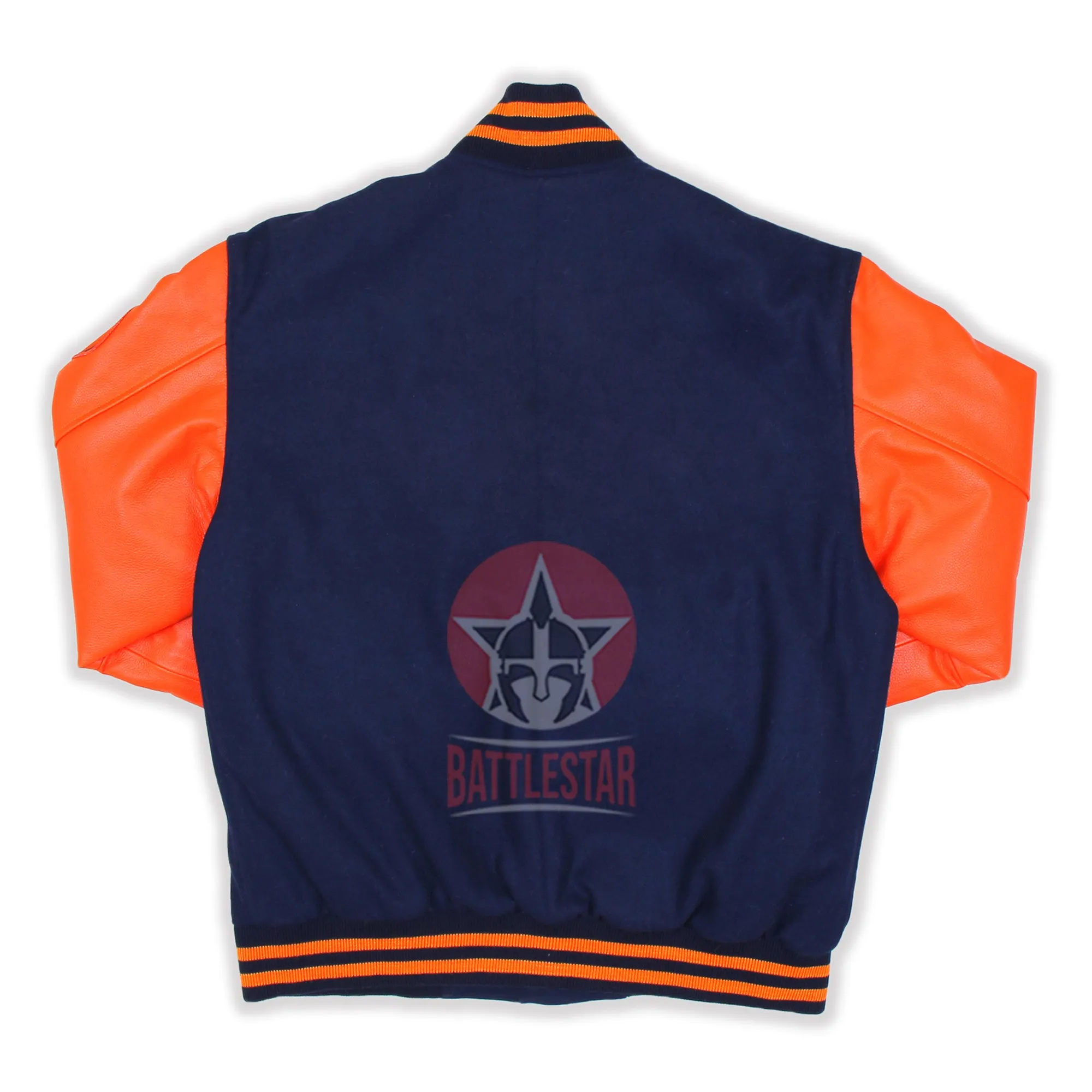 Navy Blue Wool Varsity Jacket Orange Leather Sleeves