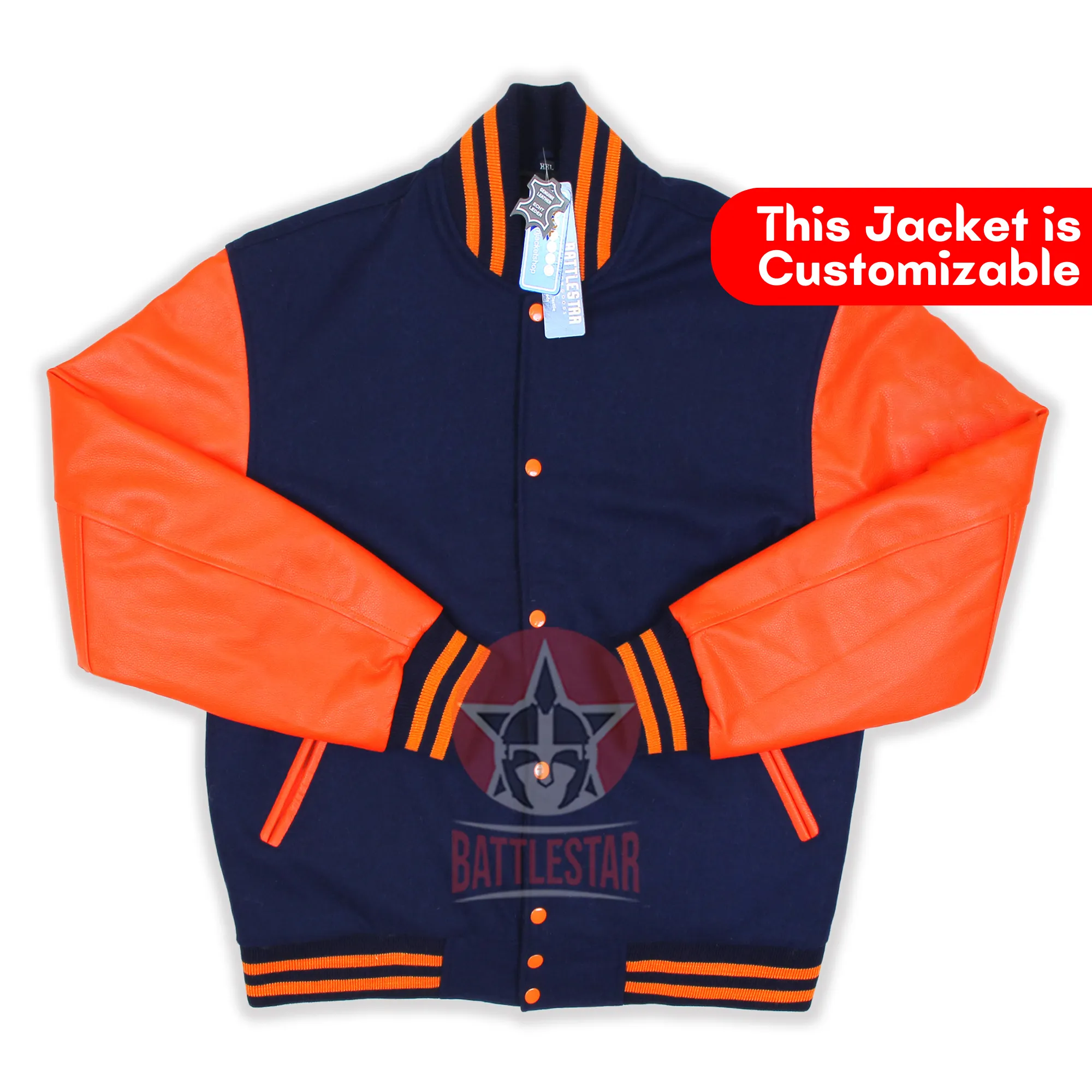 Navy Blue Wool Varsity Jacket Orange Leather Sleeves