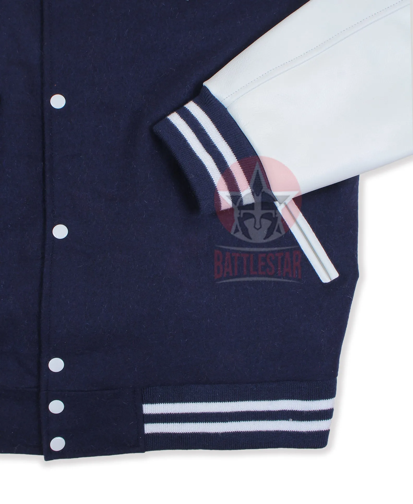 Navy Blue Wool Varsity Jacket With White Leather Sleeves