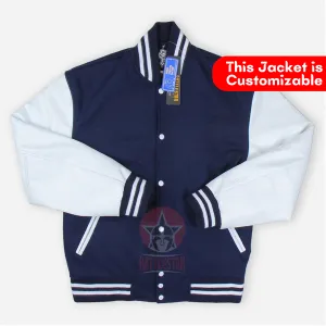 Navy Blue Wool Varsity Jacket With White Leather Sleeves