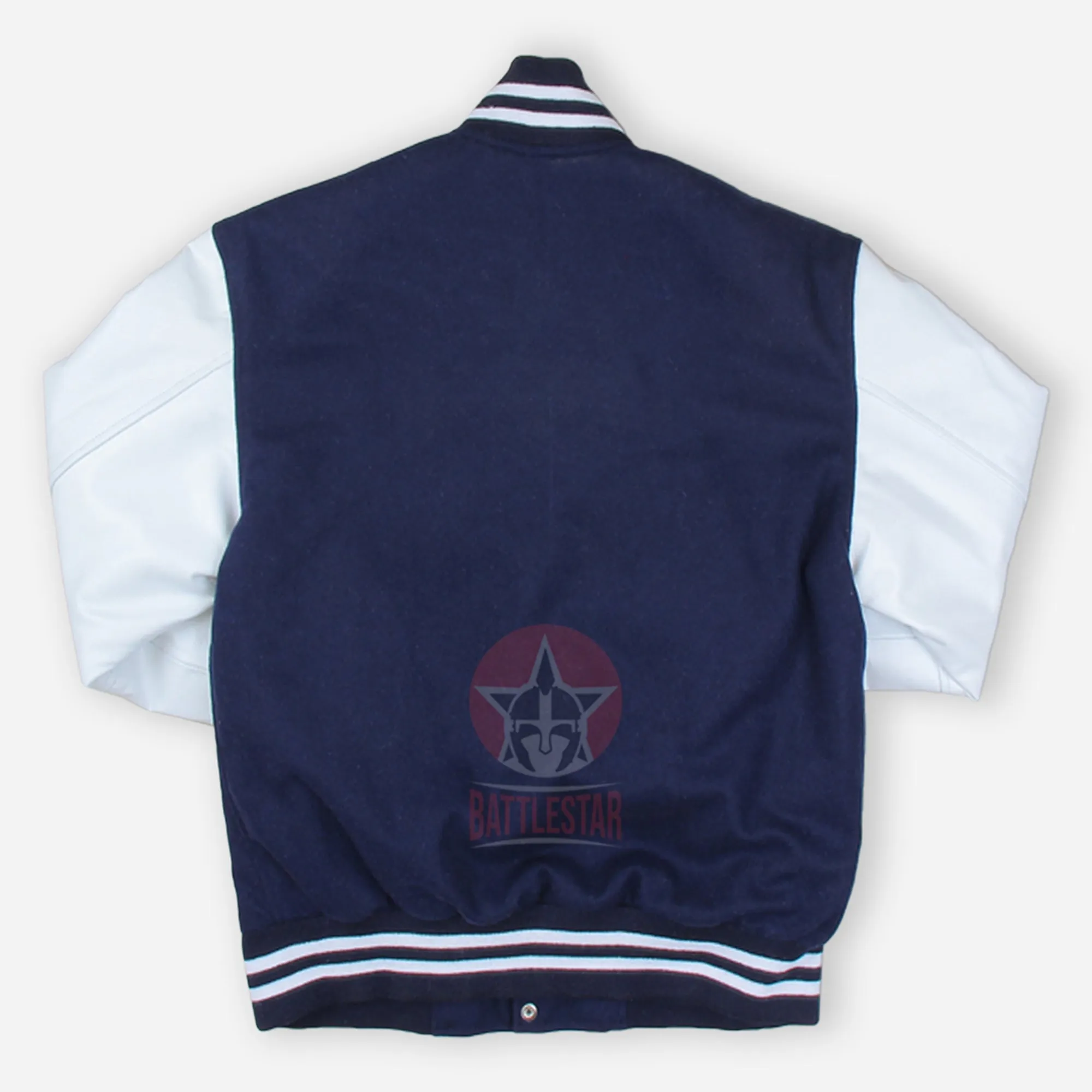 Navy Blue Wool Varsity Jacket With White Leather Sleeves