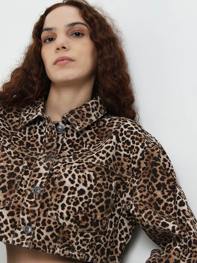 Nuon Brown Animal Printed Cropped Jacket