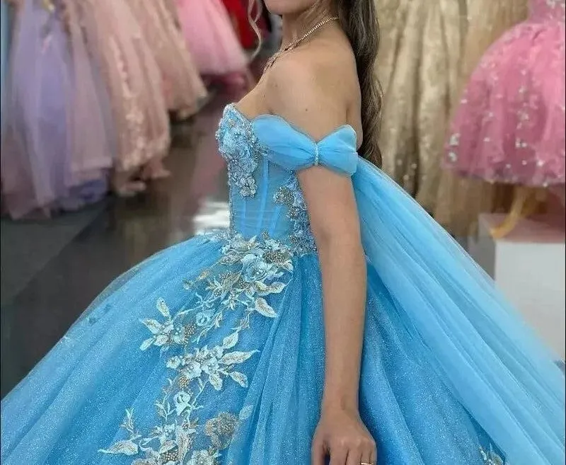 Off The Shoulder Ball Gown Appliques Quinceanera Dresses with Cape