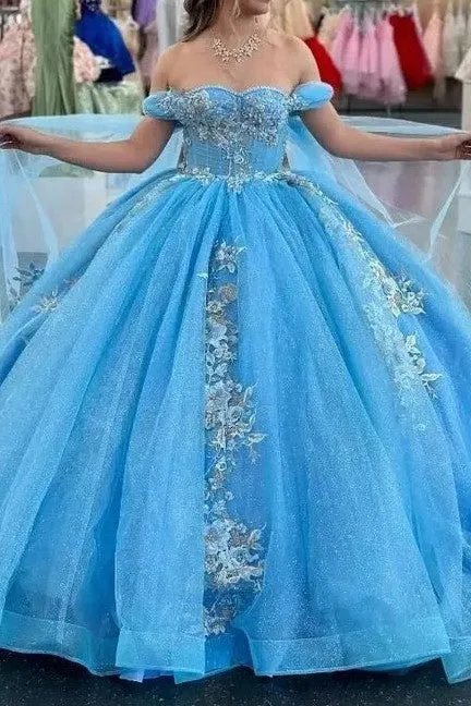 Off The Shoulder Ball Gown Appliques Quinceanera Dresses with Cape