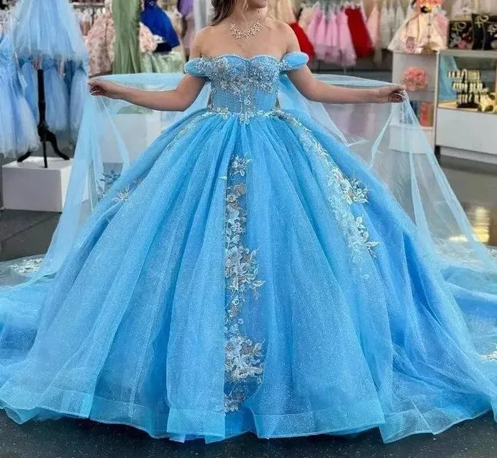 Off The Shoulder Ball Gown Appliques Quinceanera Dresses with Cape