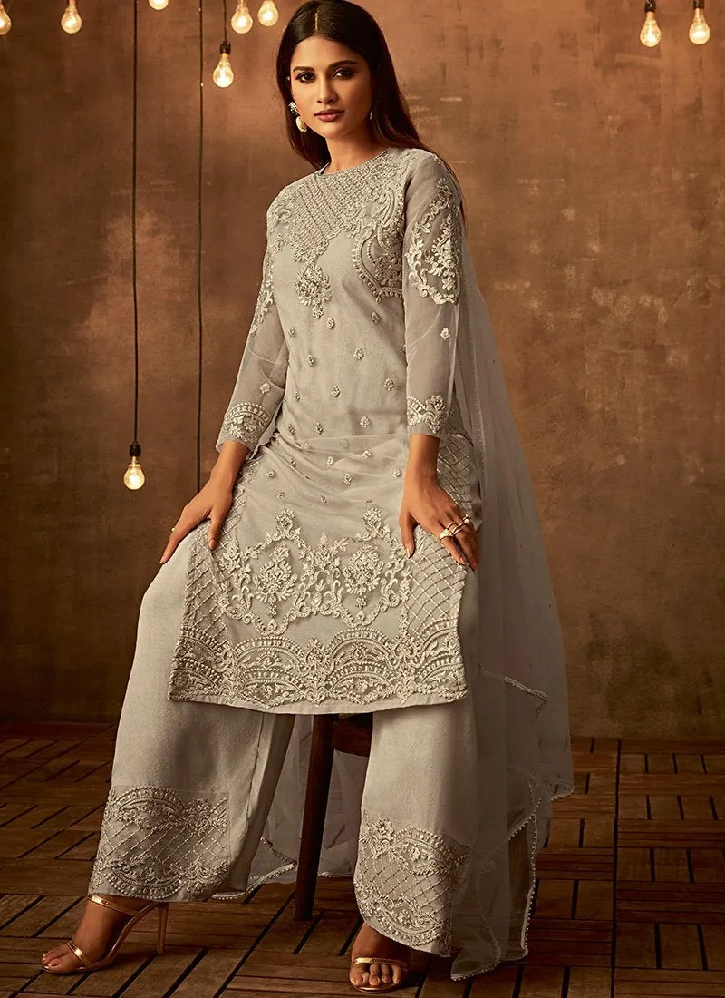 Off White Traditional Embroidered Palazzo Pant Suit