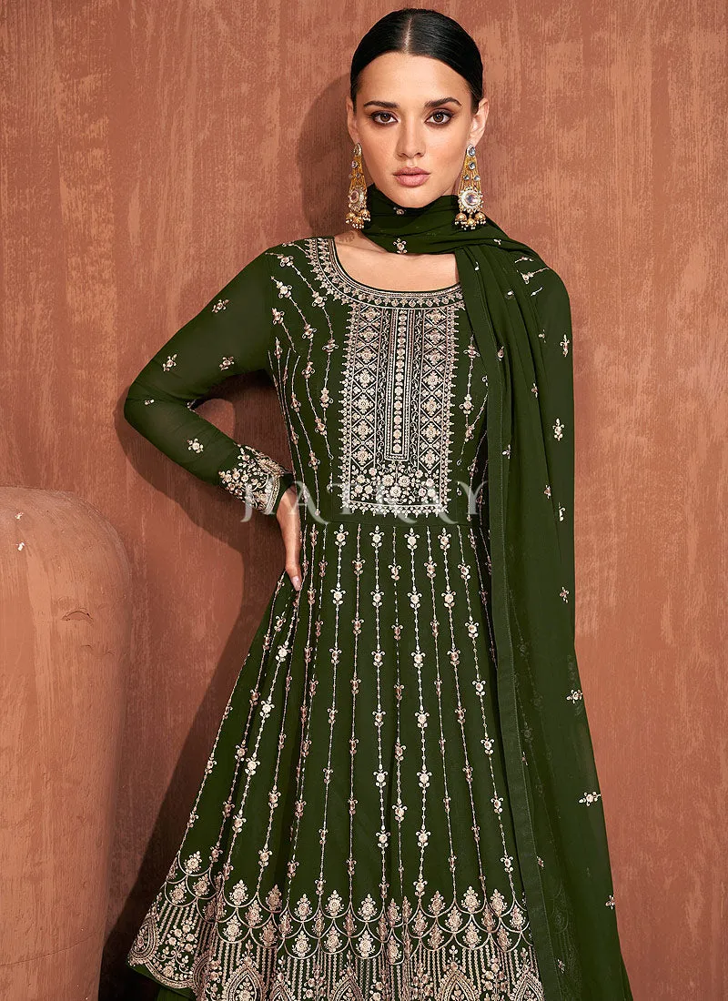 Olive Green Embroidered Peplum Style Lehenga Suit