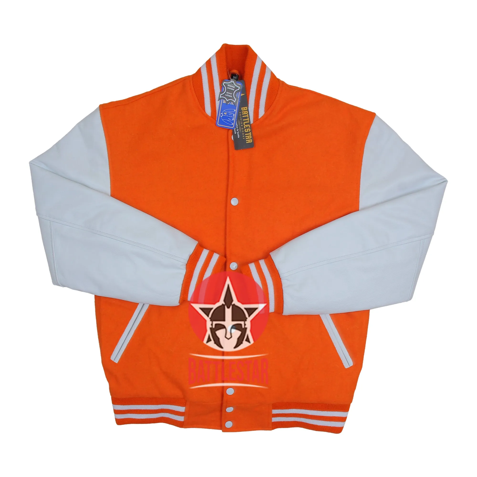 Orange Wool Varsity Jacket White Leather Sleeves