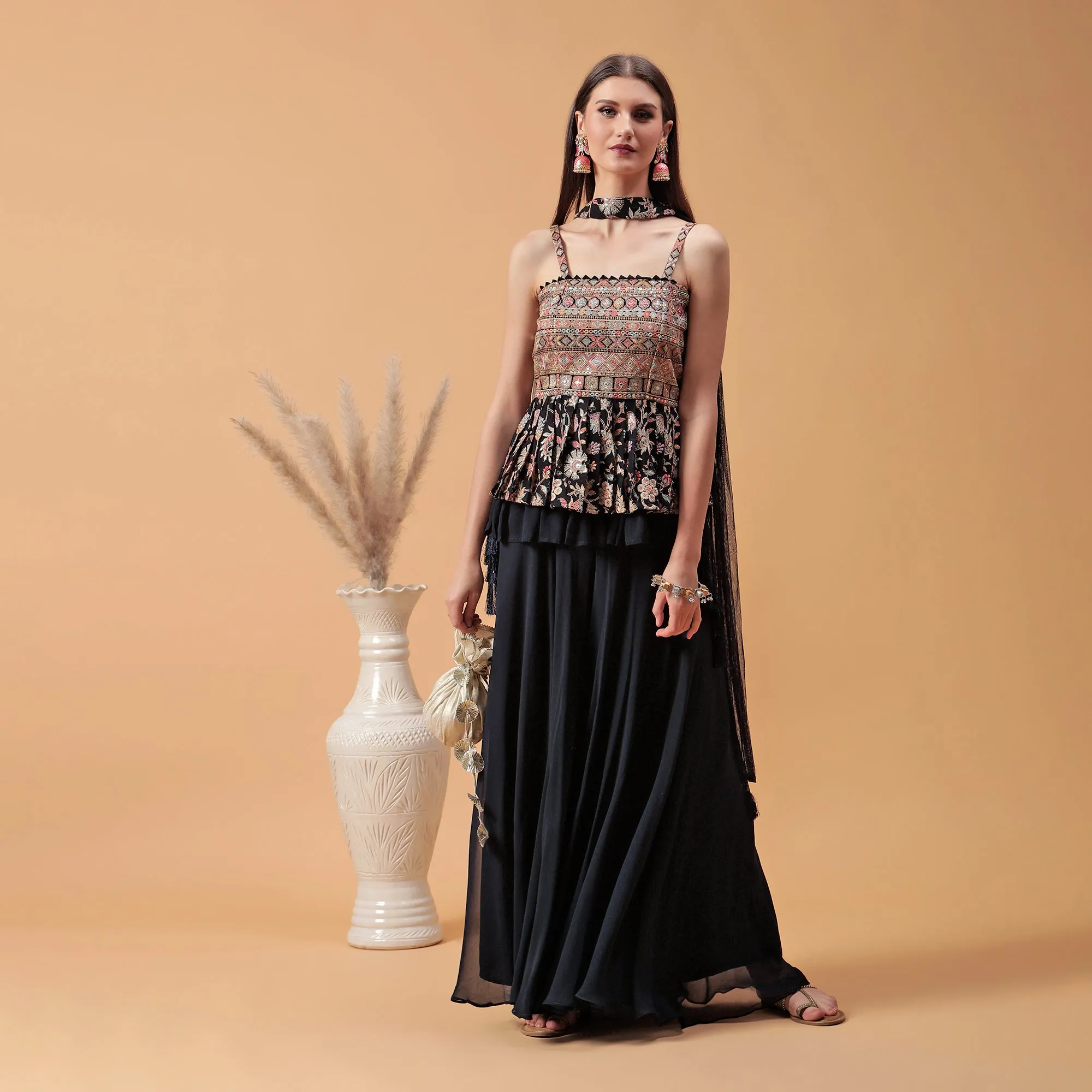 Pannkh Luxe Dark Blue Embroidered Peplum with Sharara and Dupatta Set