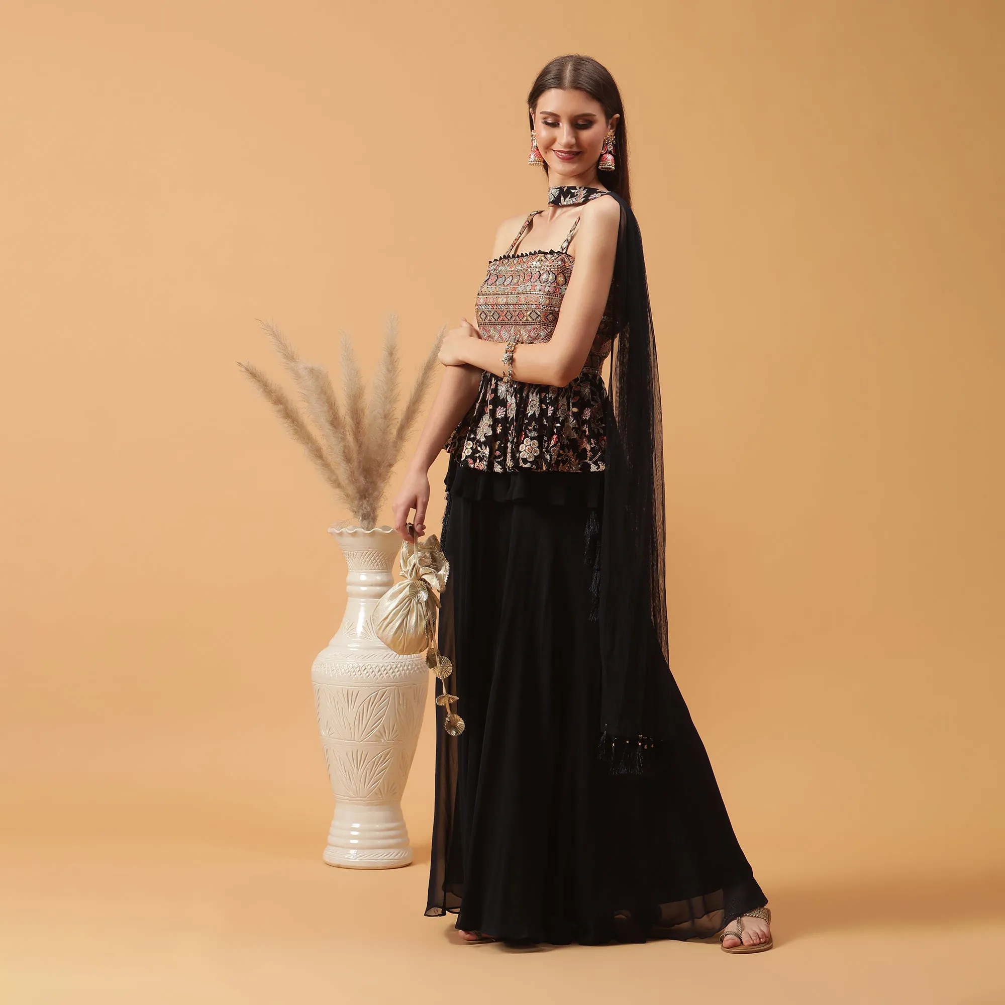 Pannkh Luxe Dark Blue Embroidered Peplum with Sharara and Dupatta Set