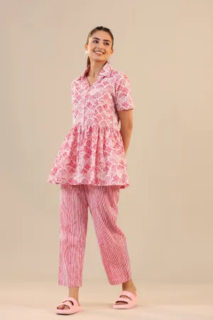 Parallel Stripes with Atelior on Pink Peplum Loungewear Top Set